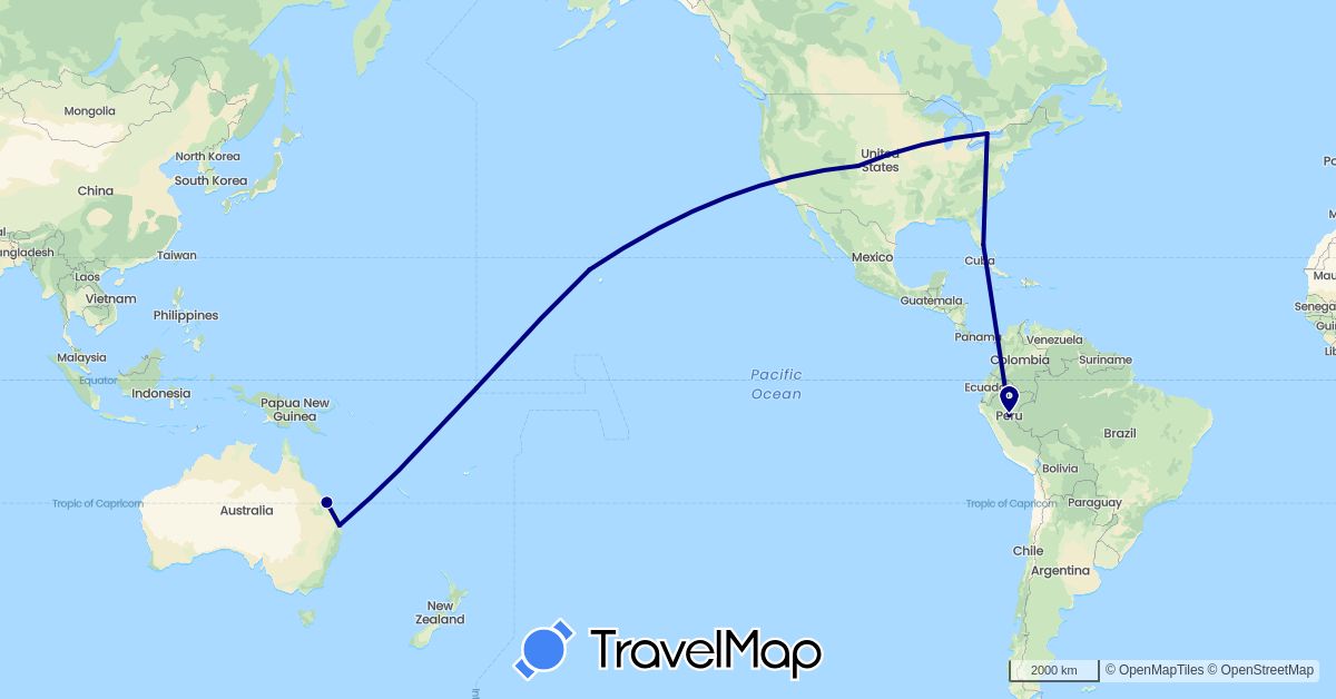 TravelMap itinerary: driving in Australia, Canada, Peru, United States (North America, Oceania, South America)